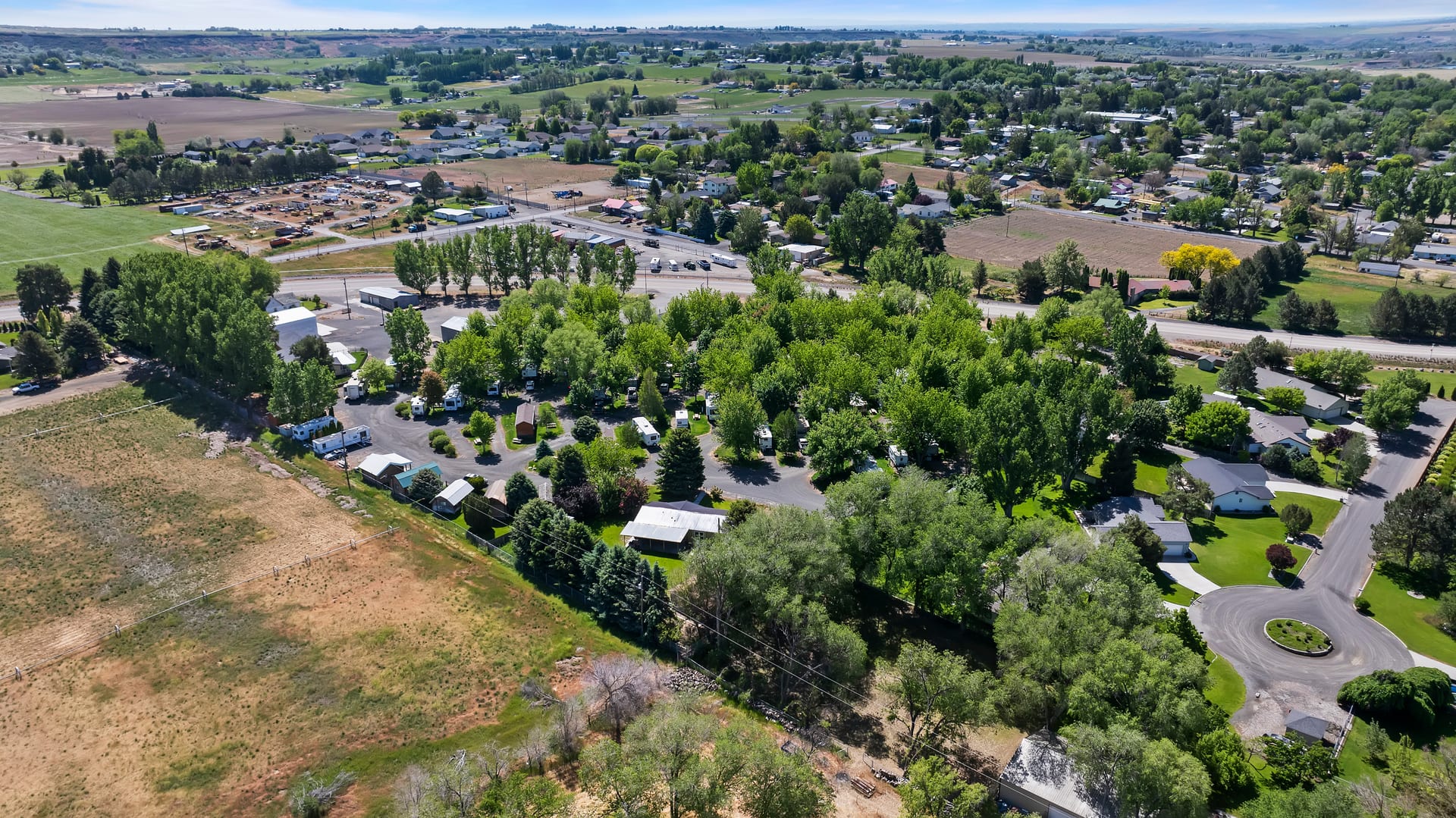 Aerial panorama of Hagerman RV Village from rear to front